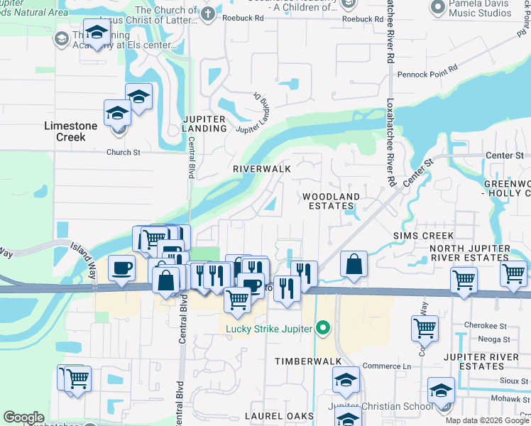 map of restaurants, bars, coffee shops, grocery stores, and more near 6270 Riverwalk Lane in Jupiter