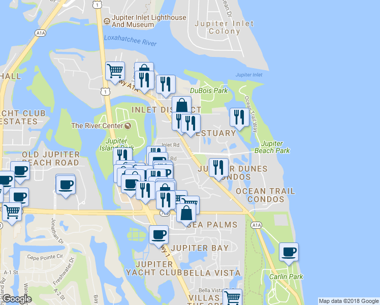 map of restaurants, bars, coffee shops, grocery stores, and more near 502 North Highway A1A in Jupiter