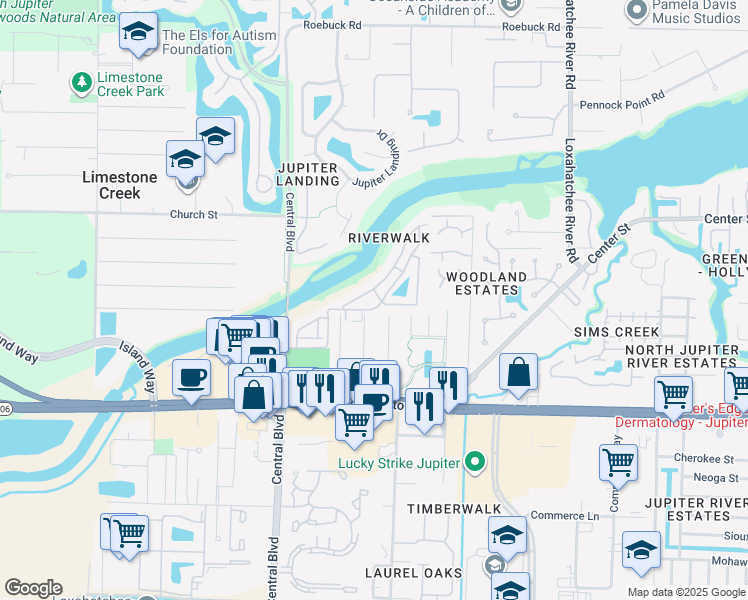 map of restaurants, bars, coffee shops, grocery stores, and more near 6263 Riverwalk Lane in Jupiter