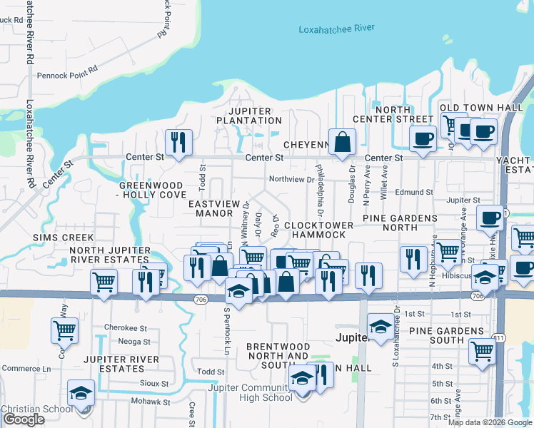 map of restaurants, bars, coffee shops, grocery stores, and more near 504 Reo Drive in Jupiter