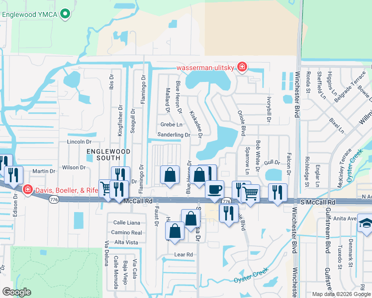 map of restaurants, bars, coffee shops, grocery stores, and more near 1502 Blue Heron Drive in Englewood