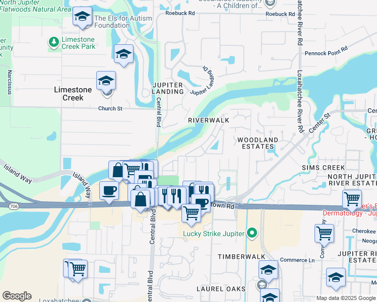 map of restaurants, bars, coffee shops, grocery stores, and more near 6287 Riverwalk Lane in Jupiter