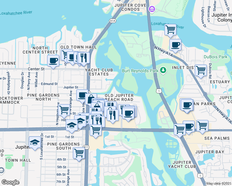 map of restaurants, bars, coffee shops, grocery stores, and more near 301 Old Jupiter Beach Road in Jupiter
