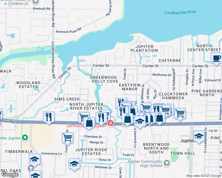map of restaurants, bars, coffee shops, grocery stores, and more near 594 Kriss Lane in Jupiter