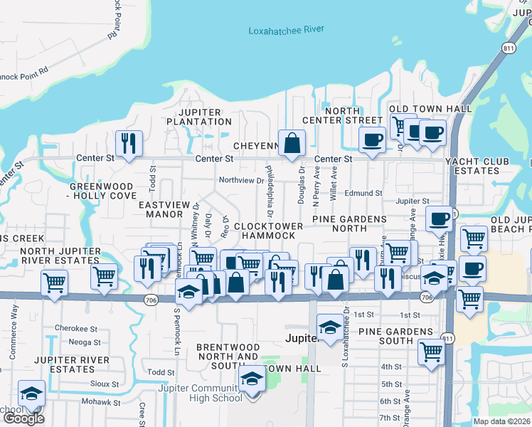 map of restaurants, bars, coffee shops, grocery stores, and more near 409 Philadelphia Dr in Jupiter