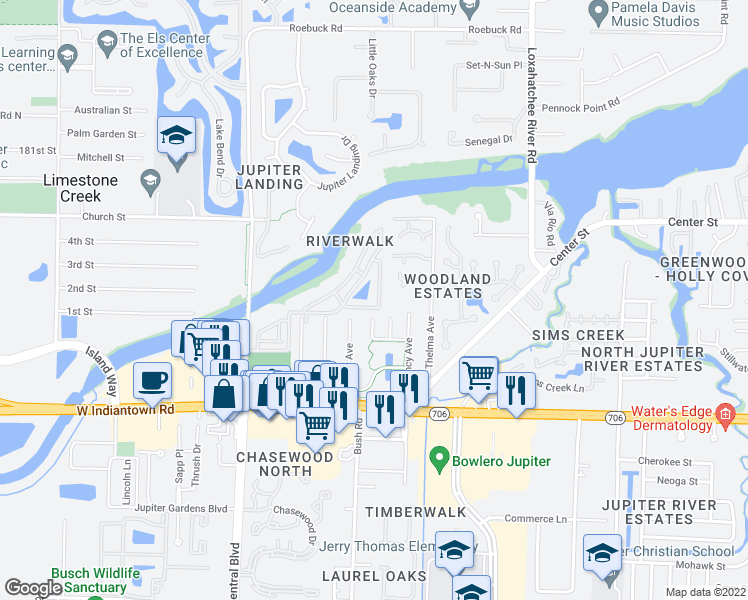 map of restaurants, bars, coffee shops, grocery stores, and more near 6238 Riverwalk Lane in Jupiter