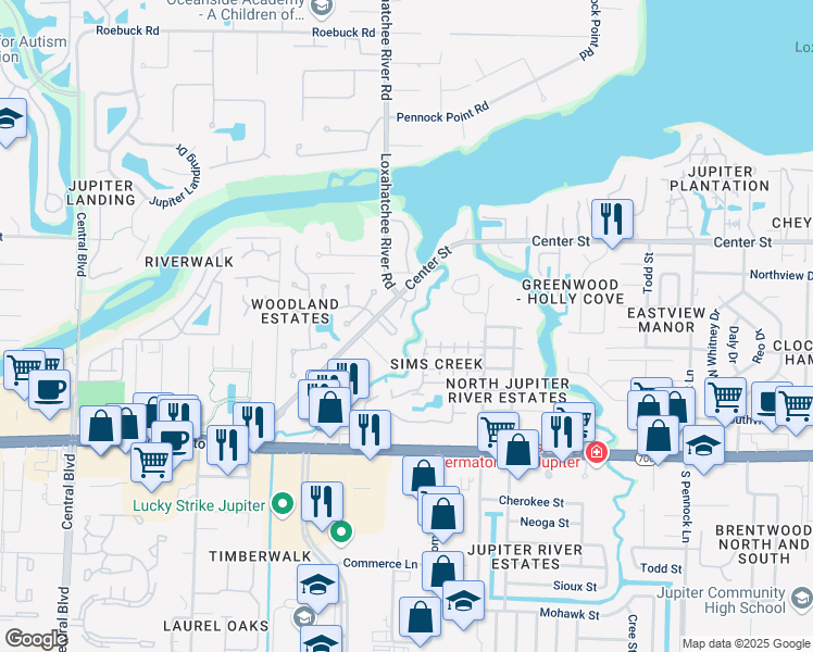 map of restaurants, bars, coffee shops, grocery stores, and more near 116 Magic Way in Jupiter