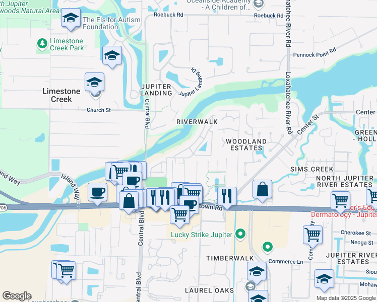 map of restaurants, bars, coffee shops, grocery stores, and more near 6263 Riverwalk Lane in Jupiter