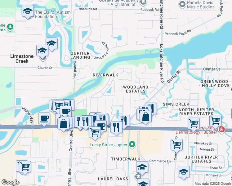 map of restaurants, bars, coffee shops, grocery stores, and more near 6222 Riverwalk Lane in Jupiter