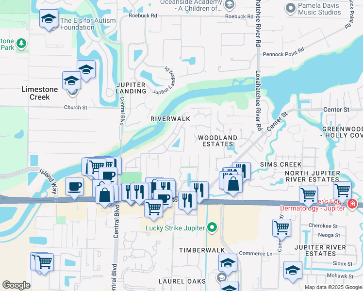 map of restaurants, bars, coffee shops, grocery stores, and more near 6238 Riverwalk Lane in Jupiter