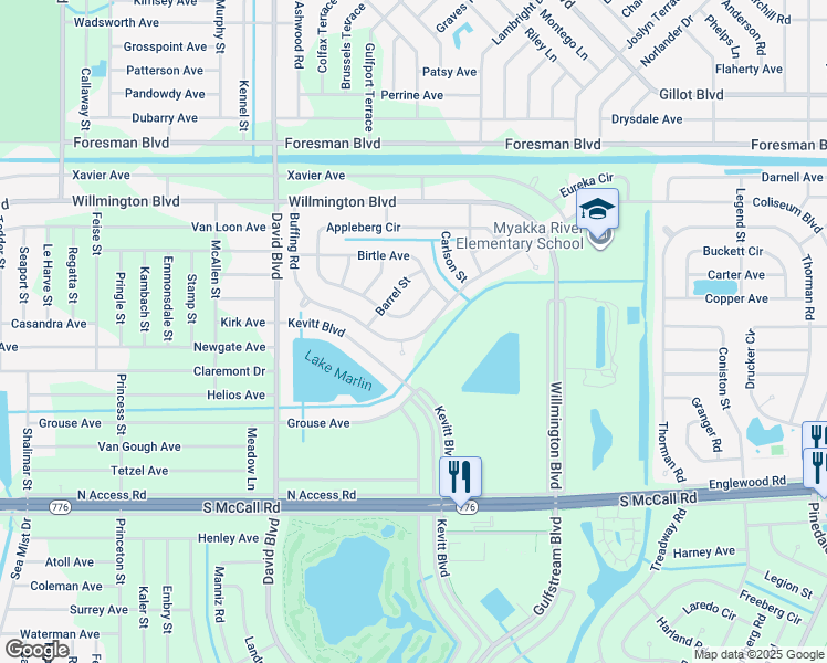 map of restaurants, bars, coffee shops, grocery stores, and more near 12542 Buffing Road in Port Charlotte