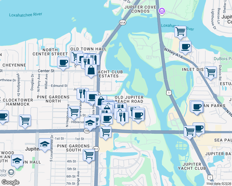 map of restaurants, bars, coffee shops, grocery stores, and more near 200 Eganfuskee Street in Jupiter