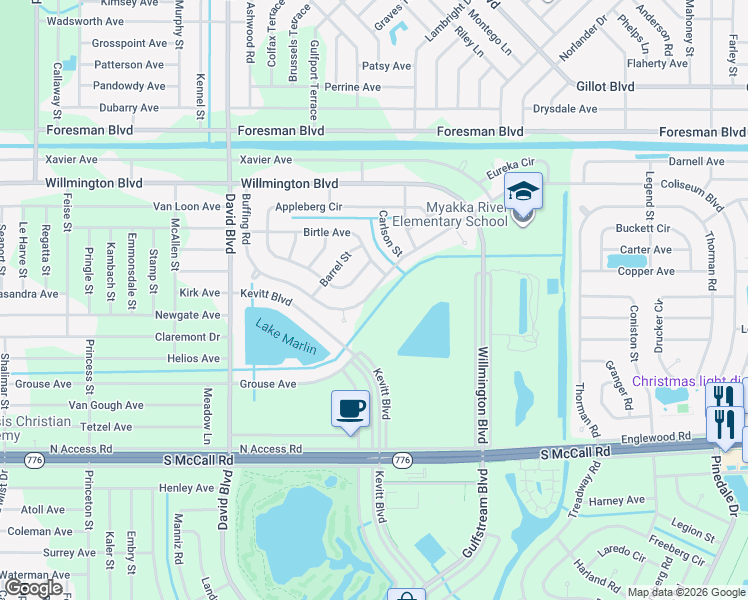 map of restaurants, bars, coffee shops, grocery stores, and more near 12583 Buffing Road in Port Charlotte