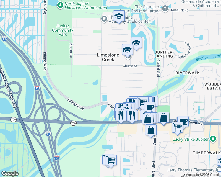 map of restaurants, bars, coffee shops, grocery stores, and more near 6914 2nd Street in Jupiter