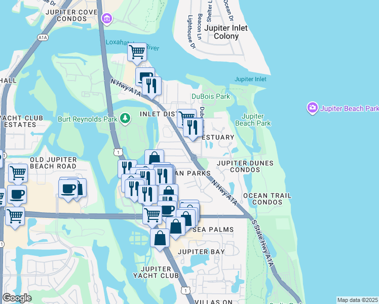map of restaurants, bars, coffee shops, grocery stores, and more near 539 North Highway A1A in Jupiter