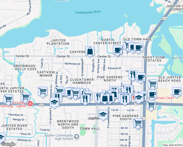 map of restaurants, bars, coffee shops, grocery stores, and more near 500 Douglas Drive in Jupiter