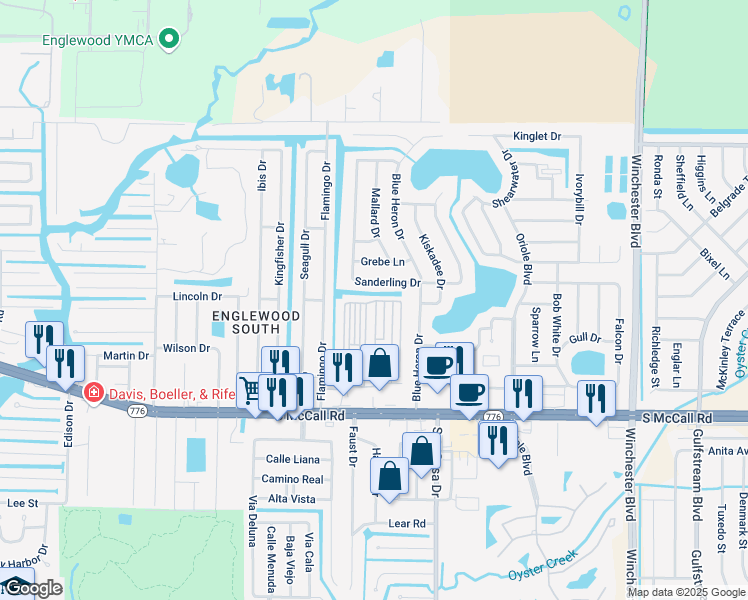map of restaurants, bars, coffee shops, grocery stores, and more near 1475 Flamingo Drive in Englewood