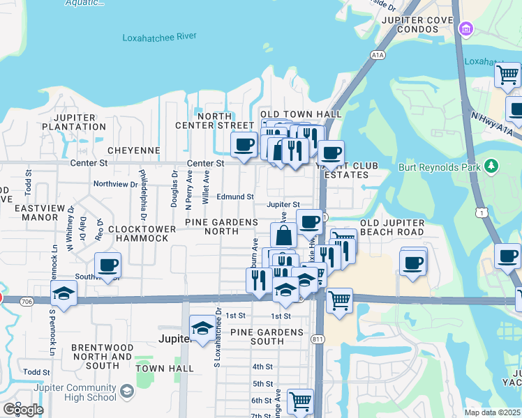 map of restaurants, bars, coffee shops, grocery stores, and more near 237 Juno Street in Jupiter