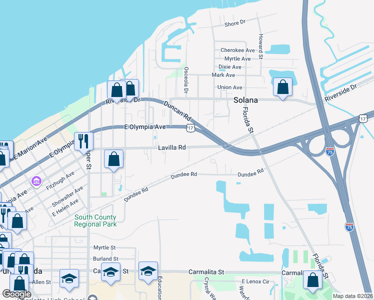 map of restaurants, bars, coffee shops, grocery stores, and more near 1815 Lavilla Road in Punta Gorda