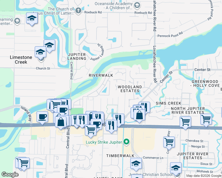 map of restaurants, bars, coffee shops, grocery stores, and more near 6206 Riverwalk Lane in Jupiter