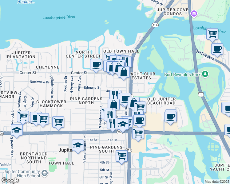 map of restaurants, bars, coffee shops, grocery stores, and more near 153 Juno Street in Jupiter