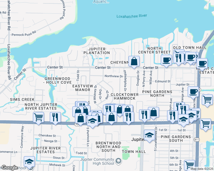 map of restaurants, bars, coffee shops, grocery stores, and more near 504 Reo Drive in Jupiter