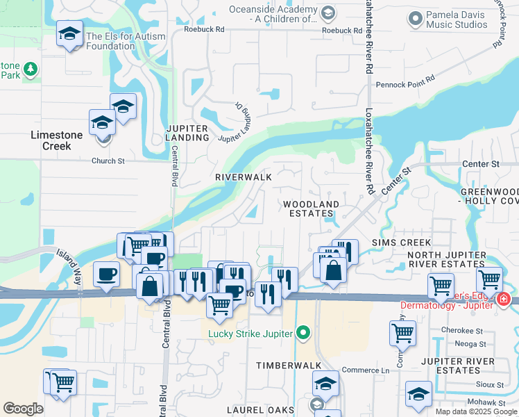 map of restaurants, bars, coffee shops, grocery stores, and more near 6238 Riverwalk Lane in Jupiter