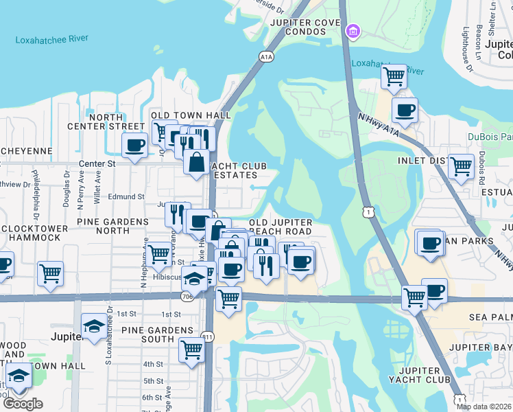 map of restaurants, bars, coffee shops, grocery stores, and more near 200 Eganfuskee Street in Jupiter