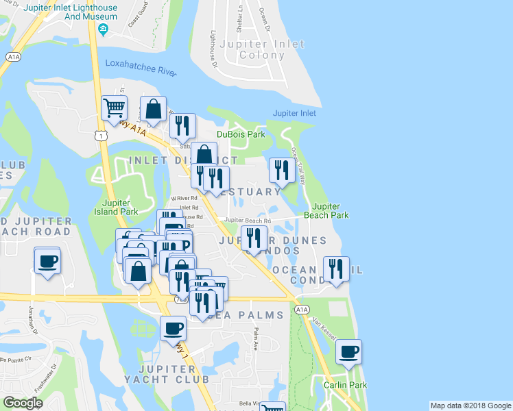 map of restaurants, bars, coffee shops, grocery stores, and more near 4186 Fairway Drive North in Jupiter