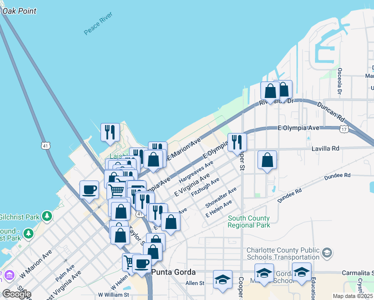 map of restaurants, bars, coffee shops, grocery stores, and more near 260 Milus Street in Punta Gorda