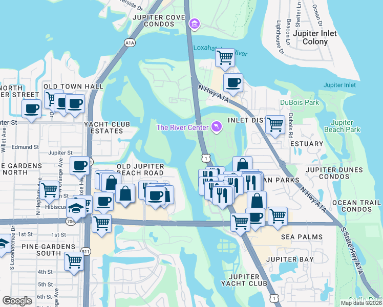 map of restaurants, bars, coffee shops, grocery stores, and more near 652 U.S. 1 in North Palm Beach