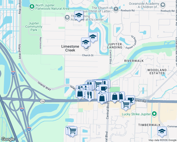 map of restaurants, bars, coffee shops, grocery stores, and more near 6709 1st Street in Jupiter