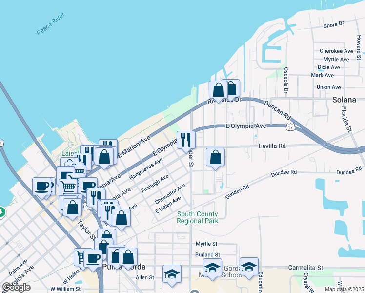 map of restaurants, bars, coffee shops, grocery stores, and more near 415 Cooper Street in Punta Gorda
