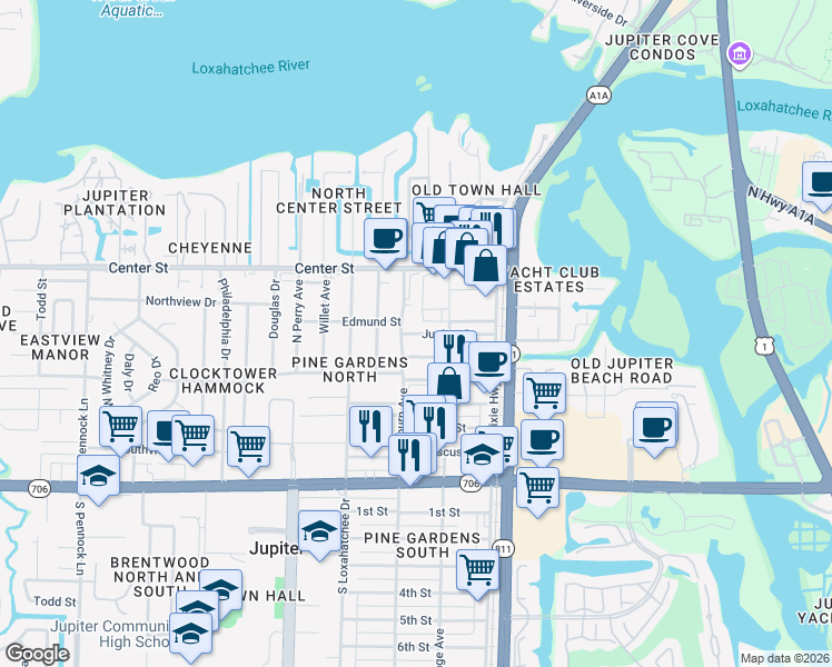 map of restaurants, bars, coffee shops, grocery stores, and more near 236 Jupiter Street in Jupiter
