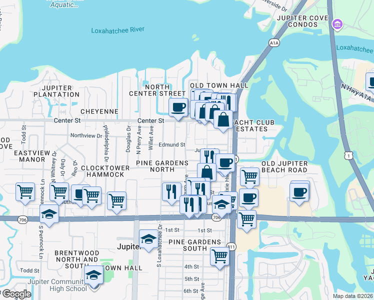 map of restaurants, bars, coffee shops, grocery stores, and more near 272 Jupiter Street in Jupiter
