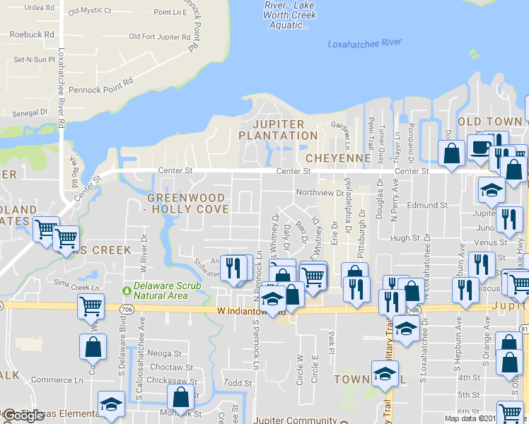 map of restaurants, bars, coffee shops, grocery stores, and more near 601 North Pennock Lane in Jupiter