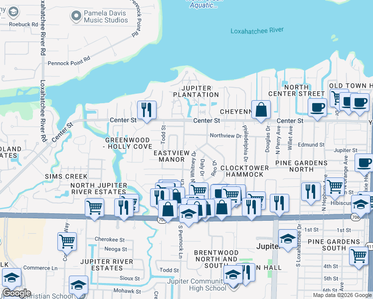 map of restaurants, bars, coffee shops, grocery stores, and more near 601 North Pennock Lane in Jupiter