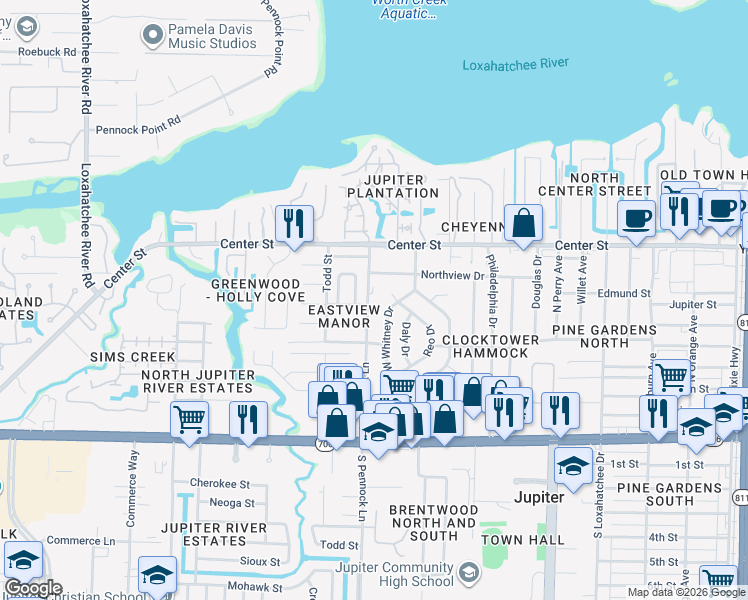 map of restaurants, bars, coffee shops, grocery stores, and more near 516 West Whitney Circle in Jupiter