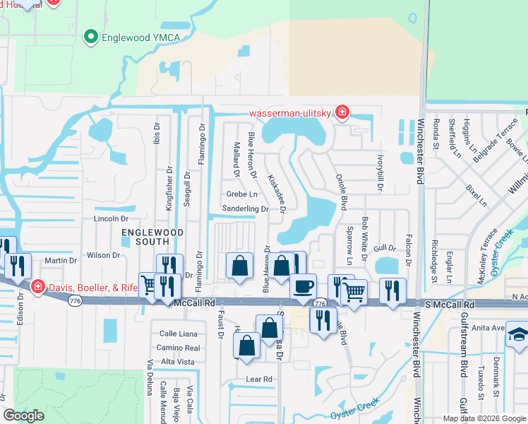 map of restaurants, bars, coffee shops, grocery stores, and more near 1444 Blue Heron Drive in Englewood