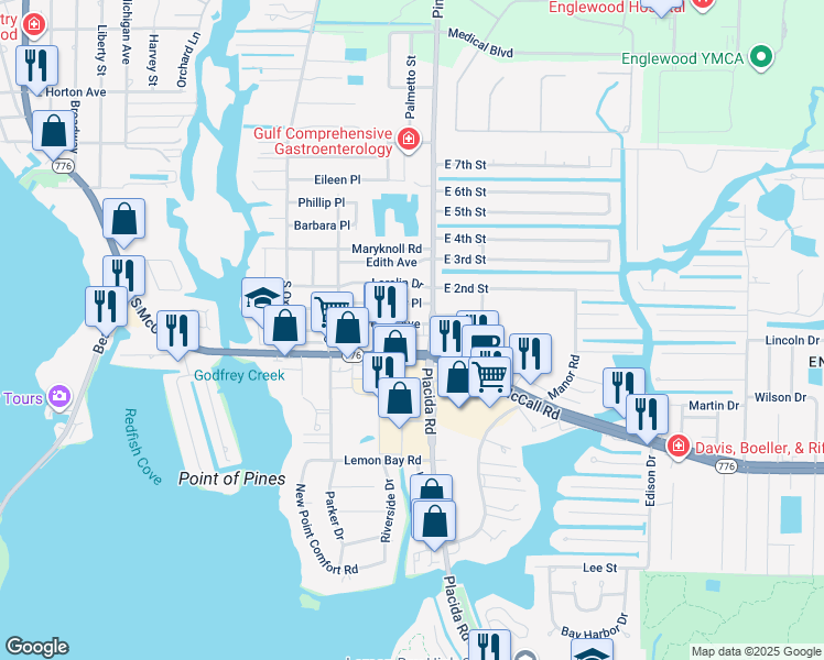 map of restaurants, bars, coffee shops, grocery stores, and more near 1775 Elinor Place in Englewood