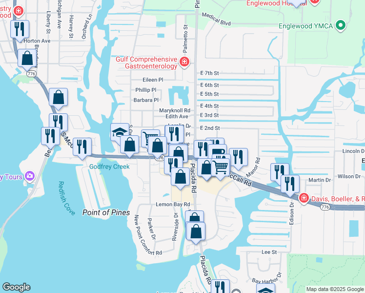 map of restaurants, bars, coffee shops, grocery stores, and more near 1775 Elinor Place in Englewood