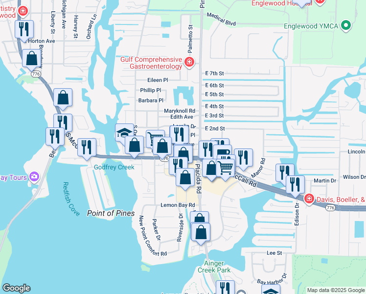 map of restaurants, bars, coffee shops, grocery stores, and more near 1705 Elinor Place in Englewood