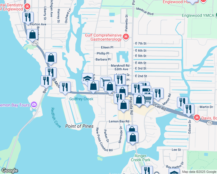 map of restaurants, bars, coffee shops, grocery stores, and more near 1615 Elinor Place in Englewood