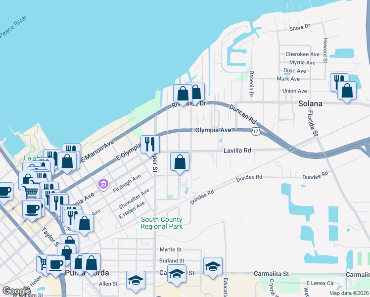 map of restaurants, bars, coffee shops, grocery stores, and more near 25097 East Olympia Avenue in Punta Gorda