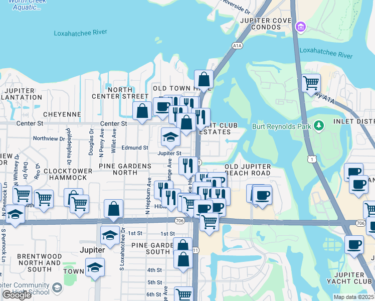 map of restaurants, bars, coffee shops, grocery stores, and more near 680 North Old Dixie Highway in Jupiter