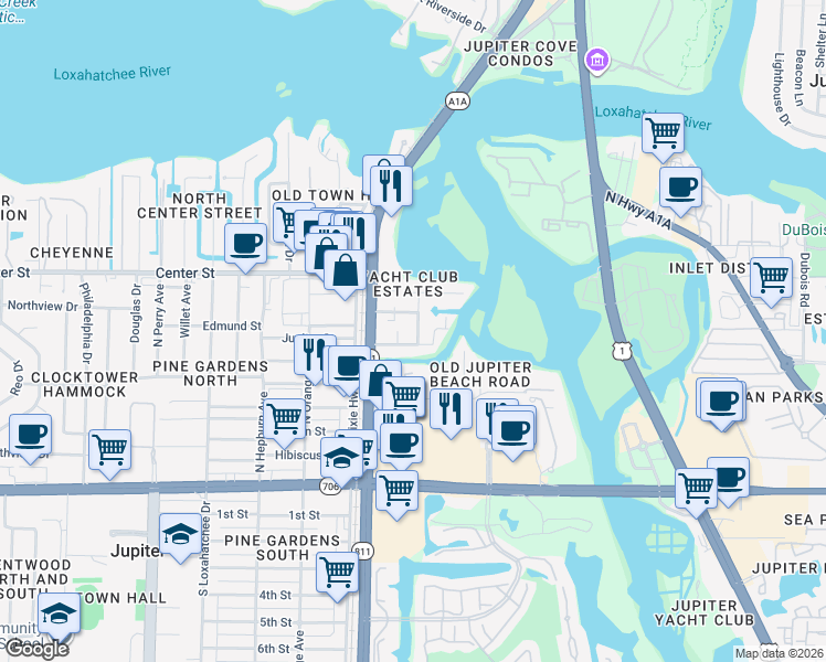 map of restaurants, bars, coffee shops, grocery stores, and more near 615 Paulina Road in Jupiter