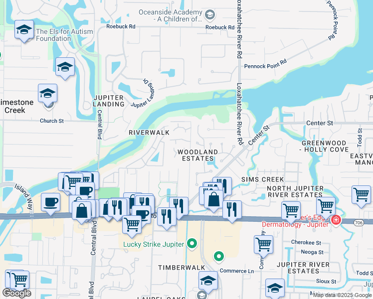 map of restaurants, bars, coffee shops, grocery stores, and more near 17867 Thelma Avenue in Jupiter