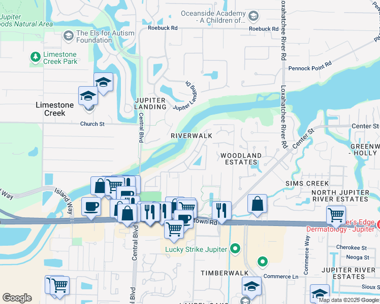 map of restaurants, bars, coffee shops, grocery stores, and more near 6231 Riverwalk Lane in Jupiter