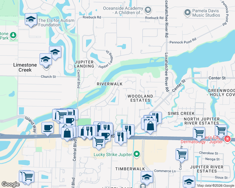 map of restaurants, bars, coffee shops, grocery stores, and more near 6198 Riverwalk Lane in Jupiter