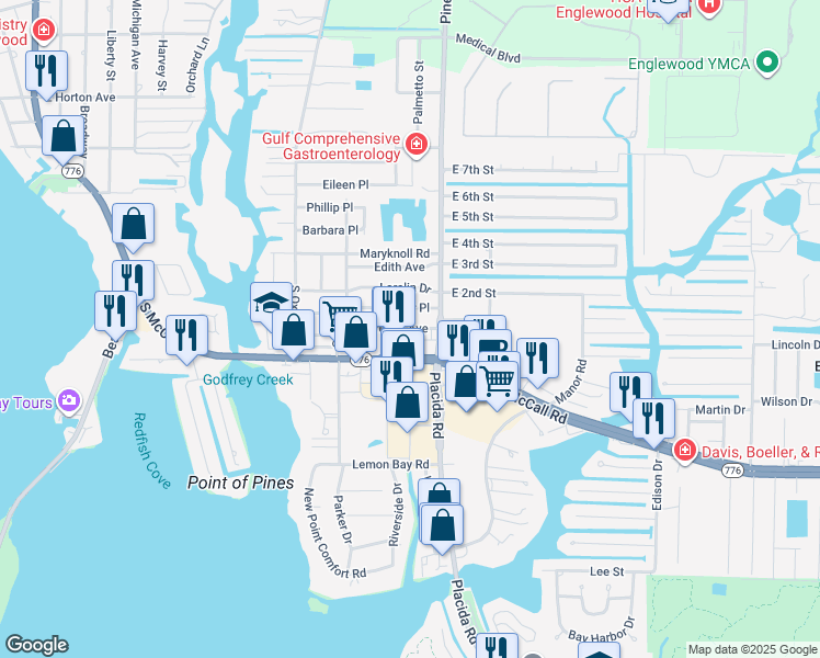 map of restaurants, bars, coffee shops, grocery stores, and more near 1775 Elinor Place in Englewood